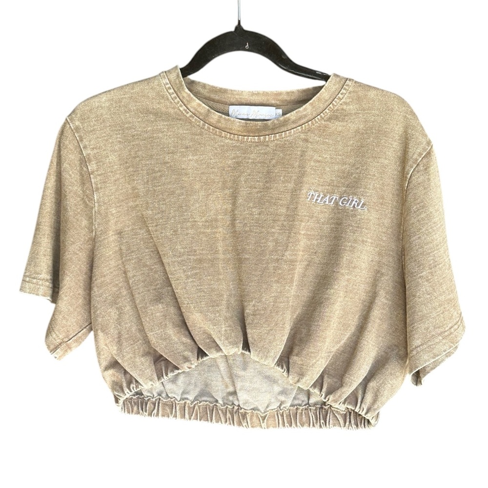 MINAA MONROE “That Girl” Acid wash brown Cropped Boxy short sleeves Tee Sz XS